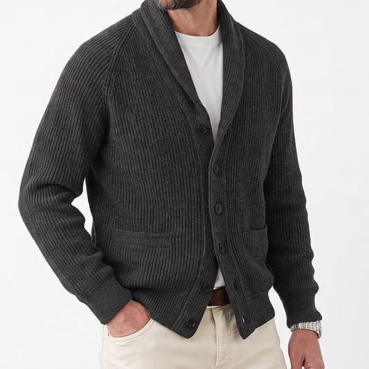 Men's Shawl-Collar Cardigan – Ribbed Knit Buttoned