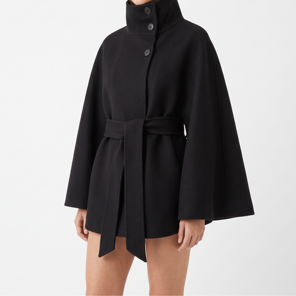 Women's Cape Coat with Belt - High Neck Wrap Cape for Fall & Winter