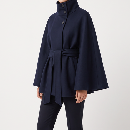 Women's Cape Coat with Belt - High Neck Wrap Cape for Fall & Winter