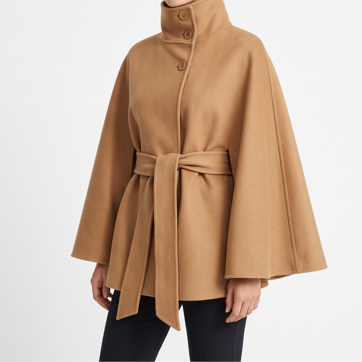 Women's Cape Coat with Belt - High Neck Wrap Cape for Fall & Winter