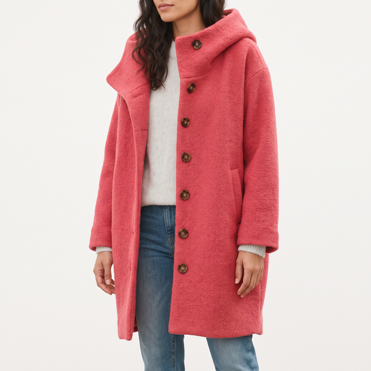 Women's Hooded Coat - Button-Up Mid-Length Fall & Winter Coat with Hood
