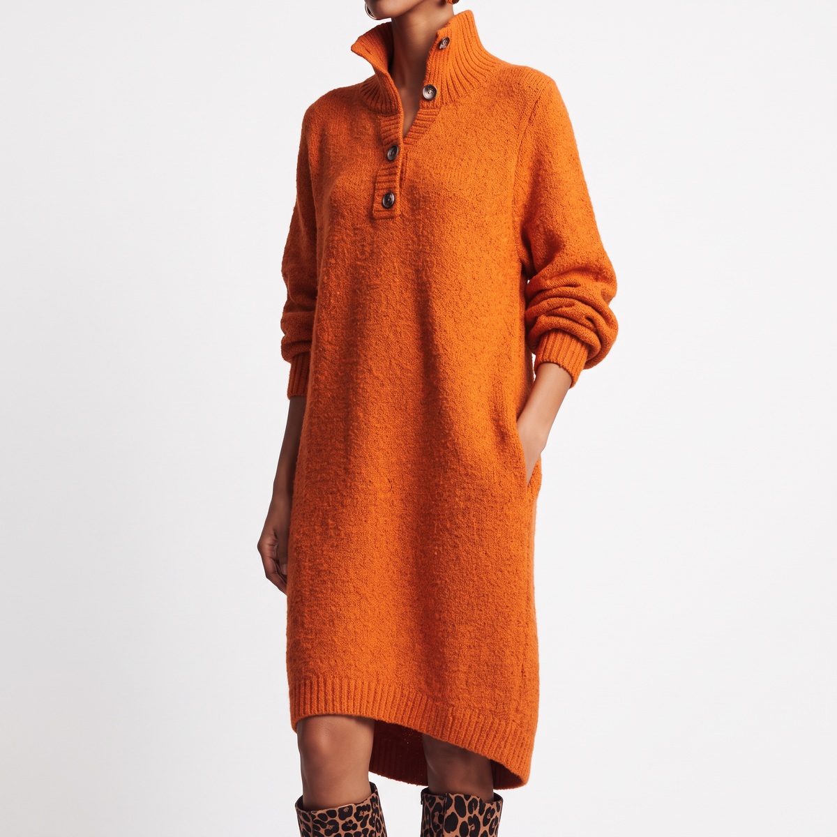 Women's Jumper Dress – Knit Midi Buttoned High Collar Winter