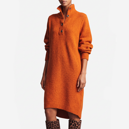 Women's Jumper Dress – Knit Midi Buttoned High Collar Winter