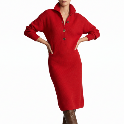 Women's Jumper Dress – Knit Midi Buttoned High Collar Winter