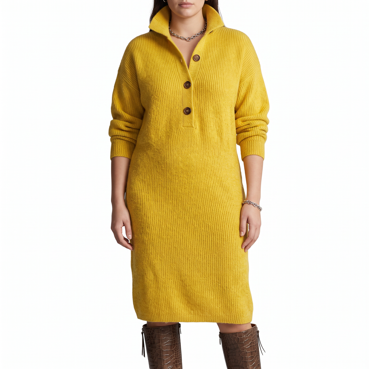 Women's Jumper Dress – Knit Midi Buttoned High Collar Winter