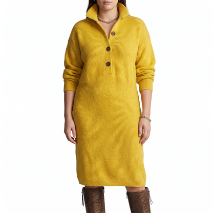 Women's Jumper Dress – Knit Midi Buttoned High Collar Winter