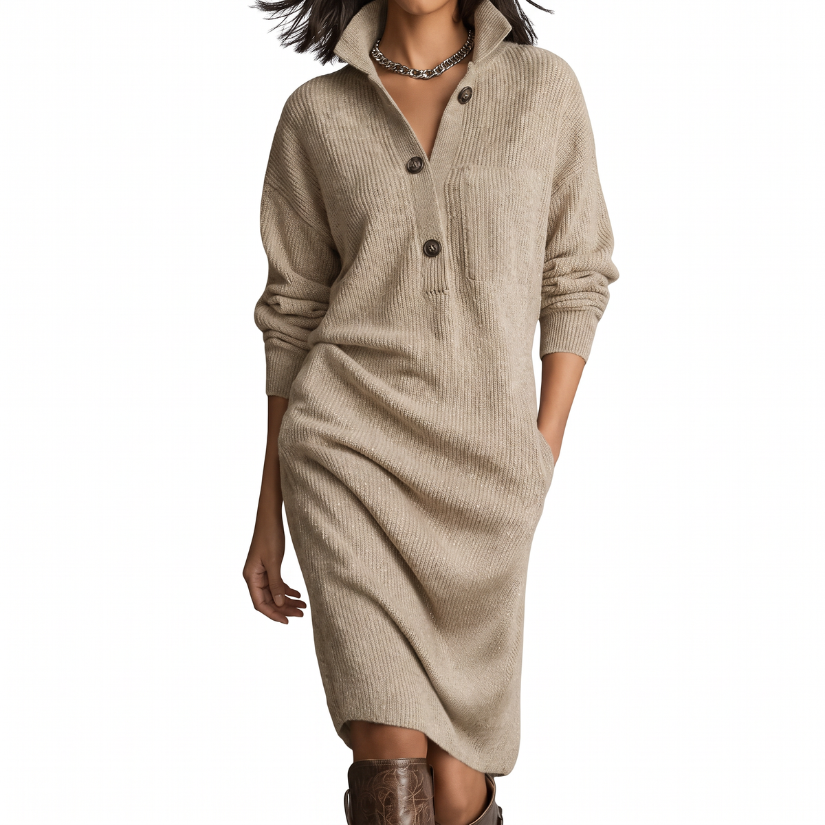 Women's Jumper Dress – Knit Midi Buttoned High Collar Winter