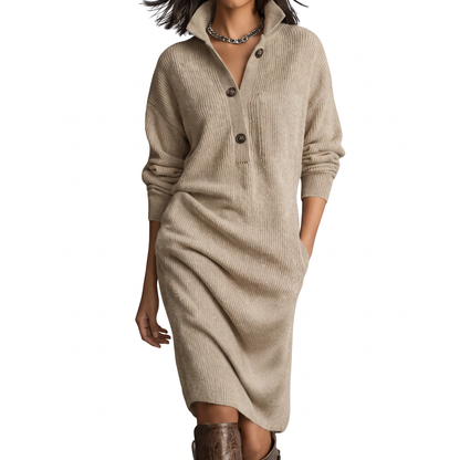 Women's Jumper Dress – Knit Midi Buttoned High Collar Winter