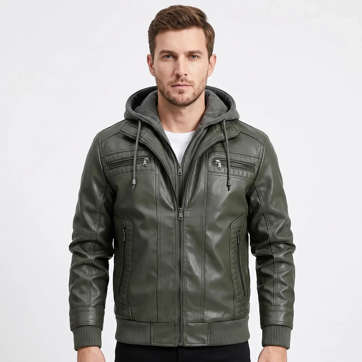 Men's Leather Jacket Removable Hood Zip-Up Moto Jacket