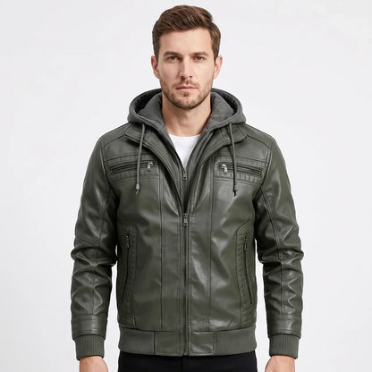 Men's Leather Jacket Removable Hood Zip-Up Moto Jacket
