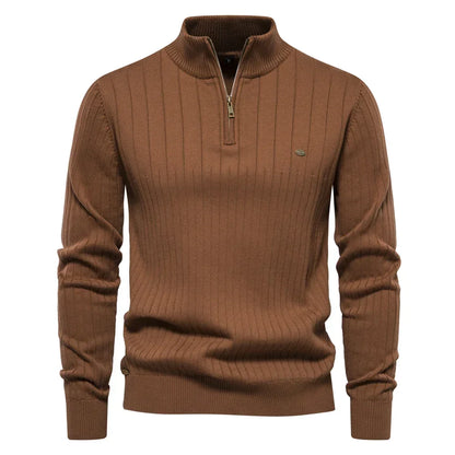 Men's Ribbed Half-Zip Sweater – Stand Collar Fine Knit