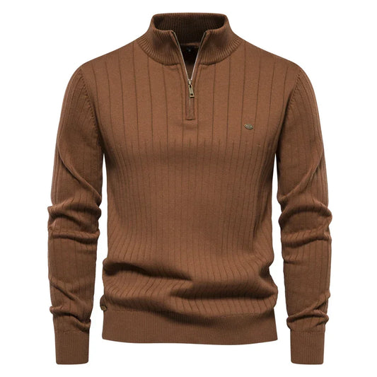 Men's Ribbed Half-Zip Sweater – Stand Collar Fine Knit