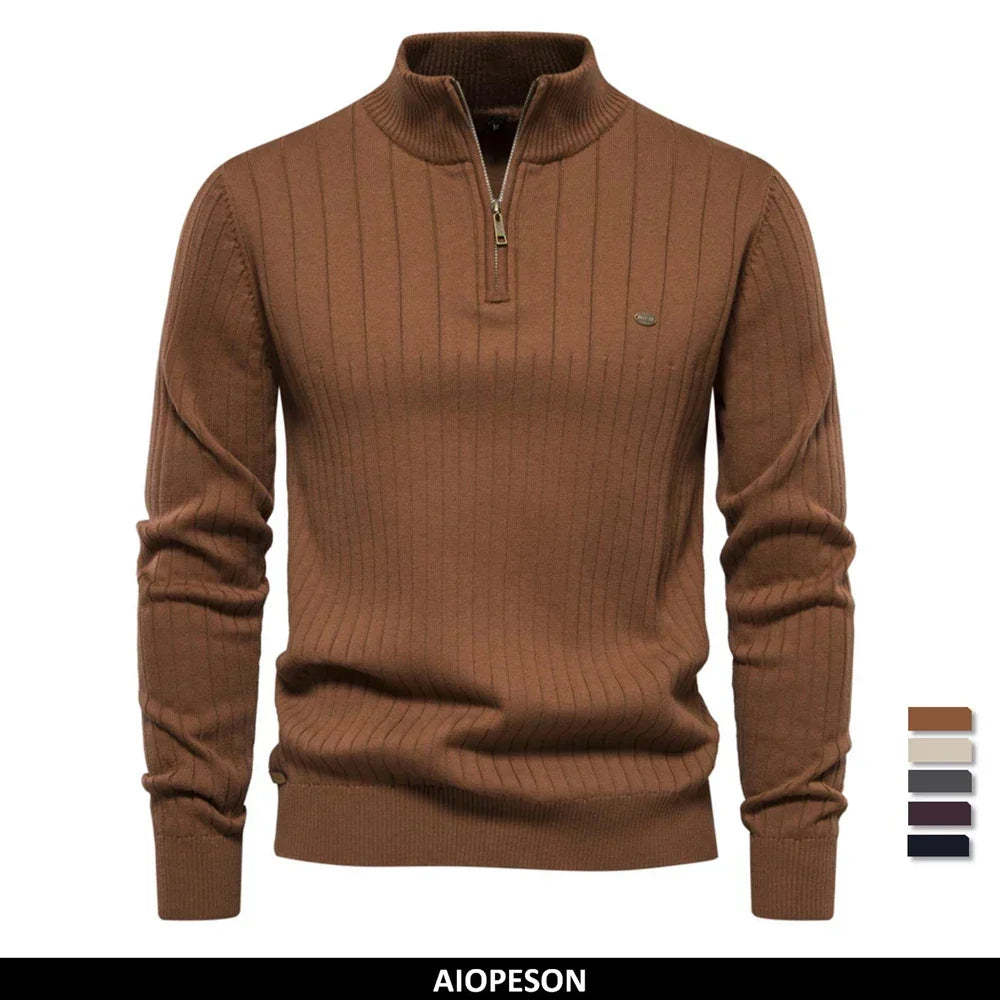 Men's Ribbed Half-Zip Sweater – Stand Collar Fine Knit