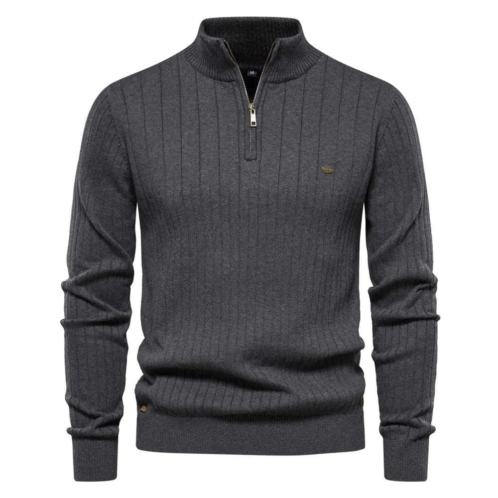 Men's Ribbed Half-Zip Sweater – Stand Collar Fine Knit