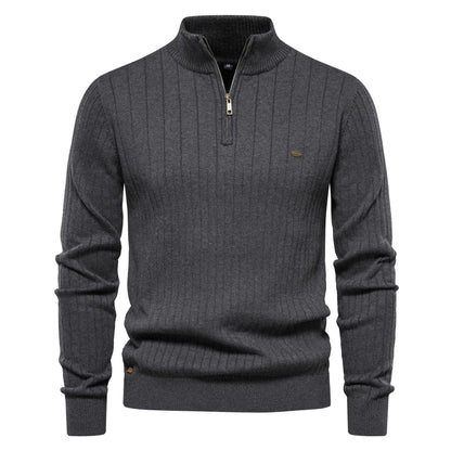 Men's Ribbed Half-Zip Sweater – Stand Collar Fine Knit