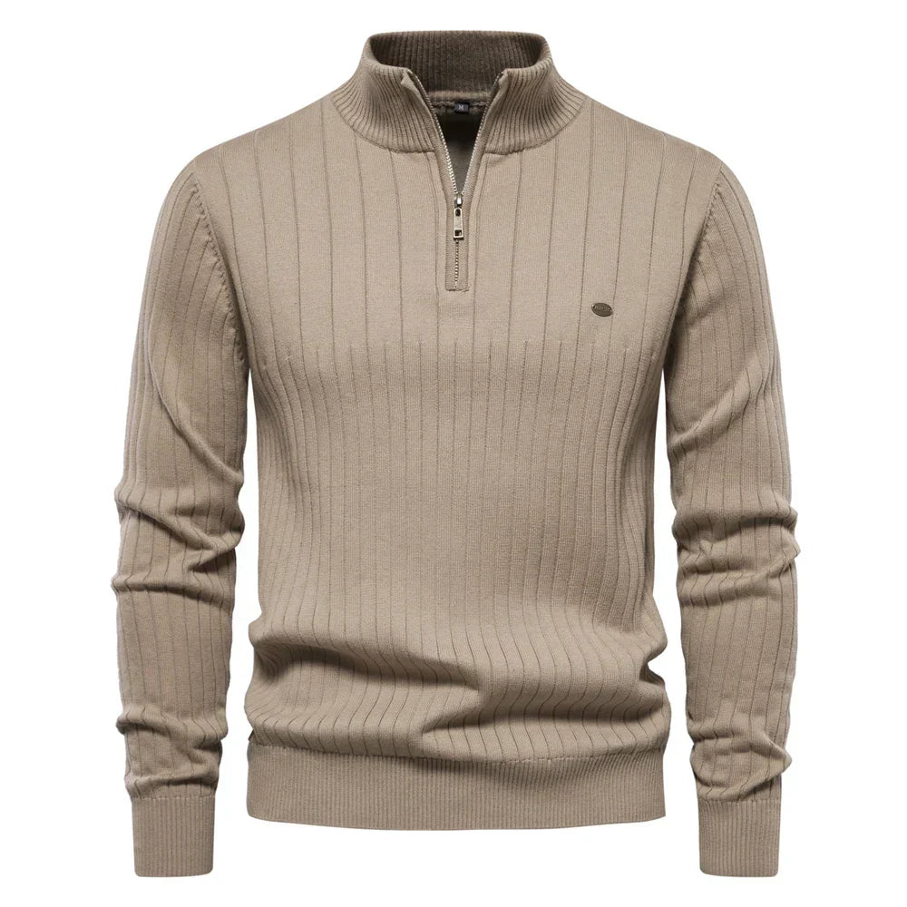 Men's Ribbed Half-Zip Sweater – Stand Collar Fine Knit