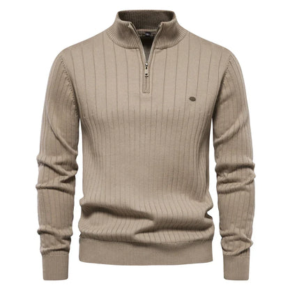 Men's Ribbed Half-Zip Sweater – Stand Collar Fine Knit