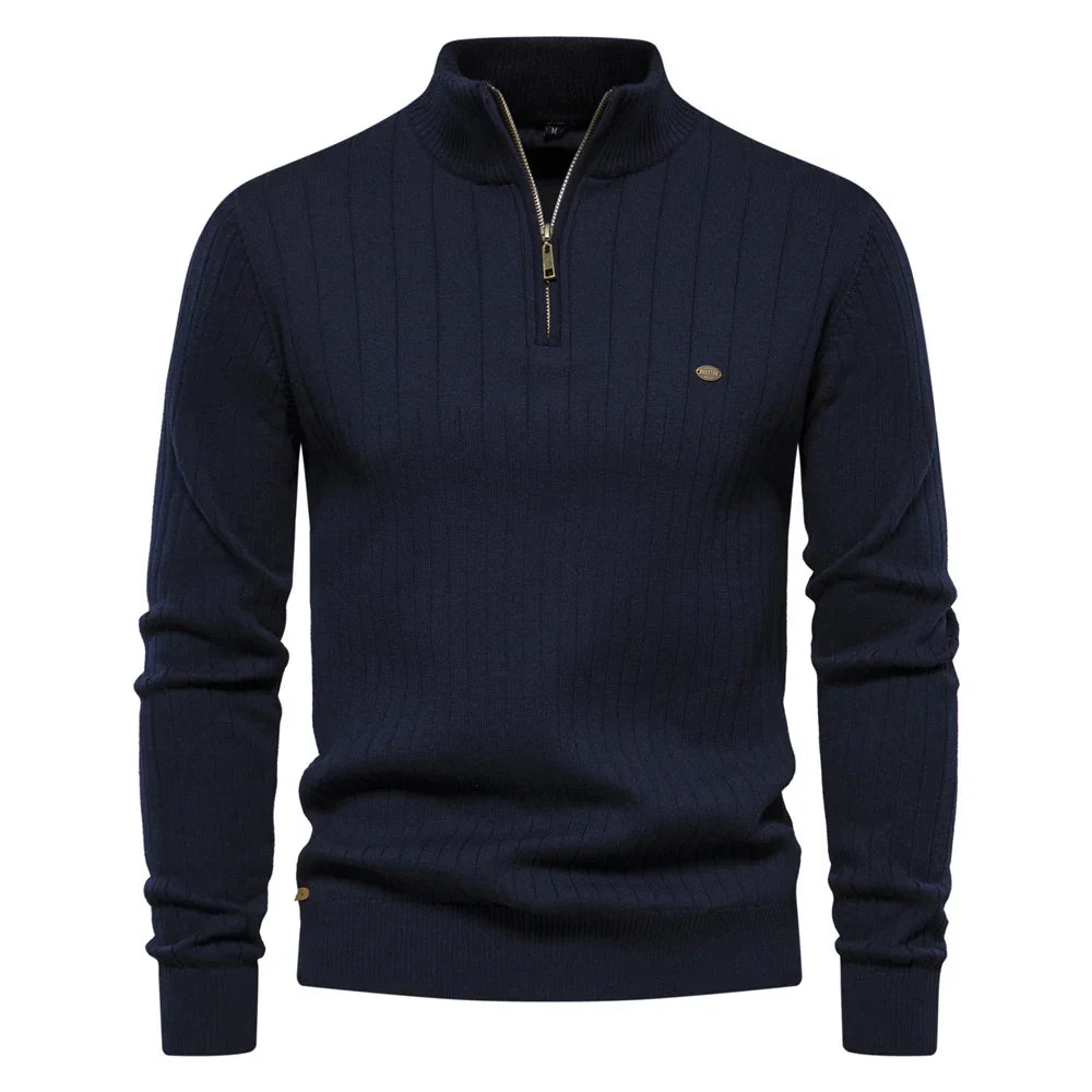 Men's Ribbed Half-Zip Sweater – Stand Collar Fine Knit