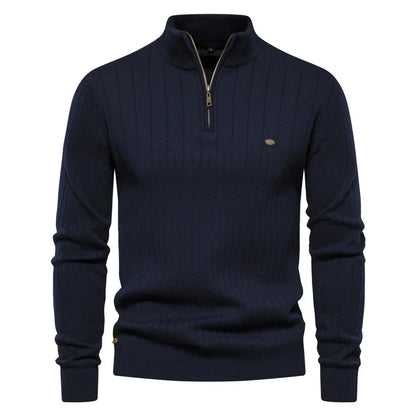 Men's Ribbed Half-Zip Sweater – Stand Collar Fine Knit