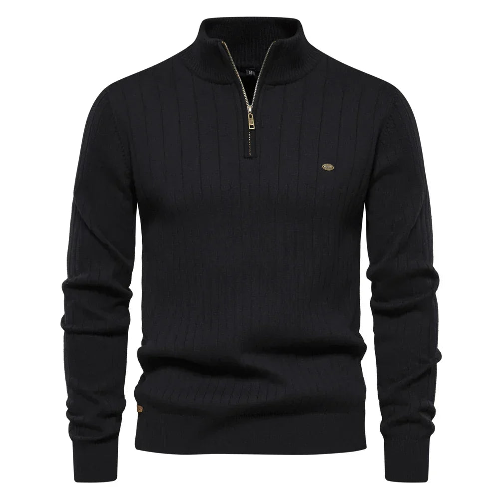 Men's Ribbed Half-Zip Sweater – Stand Collar Fine Knit