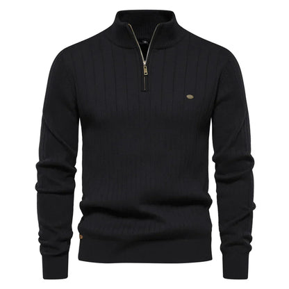 Men's Ribbed Half-Zip Sweater – Stand Collar Fine Knit