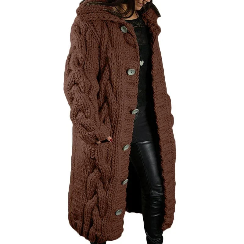 Women's Long Cable Cardigan – Hooded Chunky Knit with Pockets