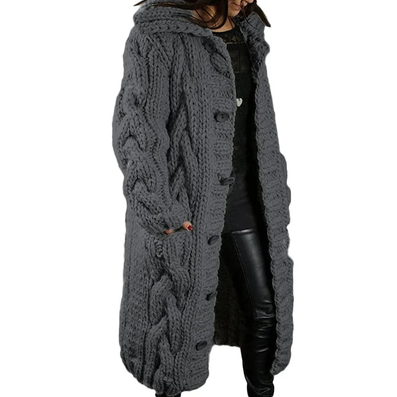 Women's Long Cable Cardigan – Hooded Chunky Knit with Pockets
