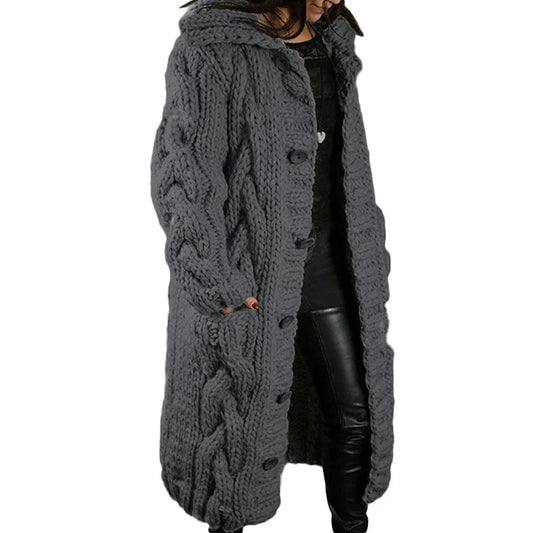 Women's Long Cable Cardigan – Hooded Chunky Knit with Pockets