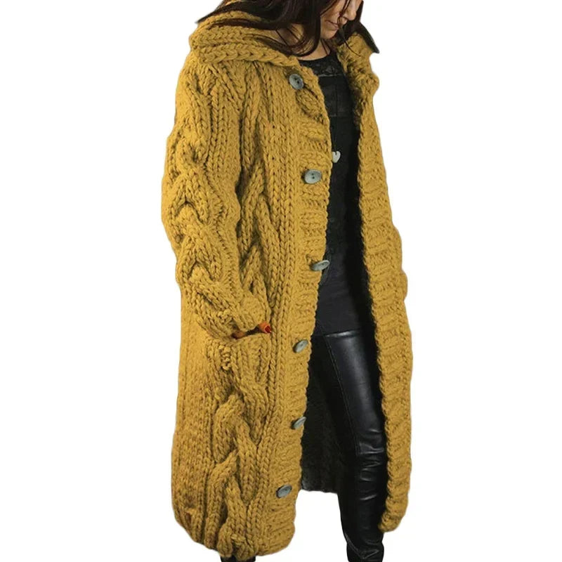 Women's Long Cable Cardigan – Hooded Chunky Knit with Pockets
