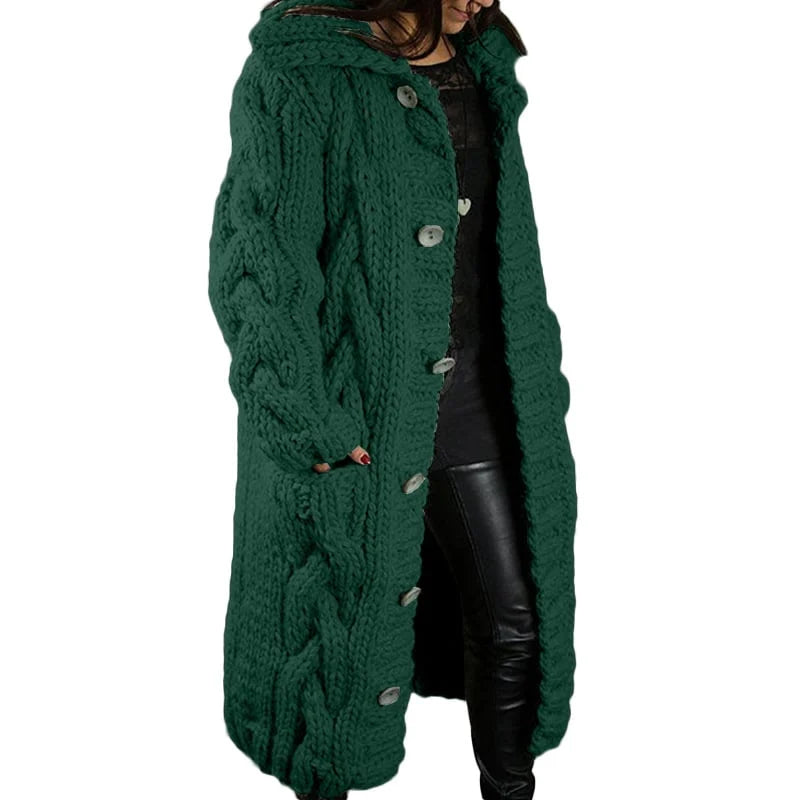 Women's Long Cable Cardigan – Hooded Chunky Knit with Pockets