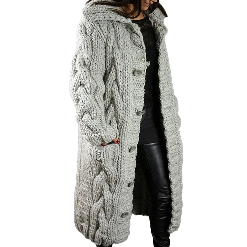 Women's Long Cable Cardigan – Hooded Chunky Knit with Pockets