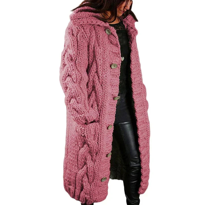 Women's Long Cable Cardigan – Hooded Chunky Knit with Pockets