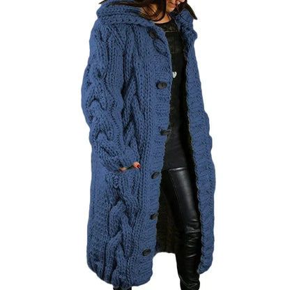 Women's Long Cable Cardigan – Hooded Chunky Knit with Pockets