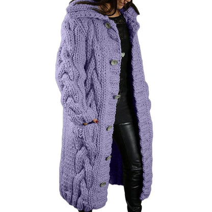 Women's Long Cable Cardigan – Hooded Chunky Knit with Pockets