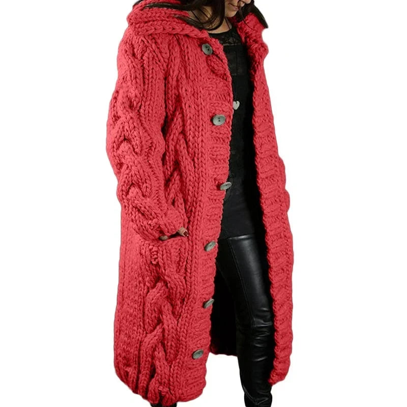 Women's Long Cable Cardigan – Hooded Chunky Knit with Pockets