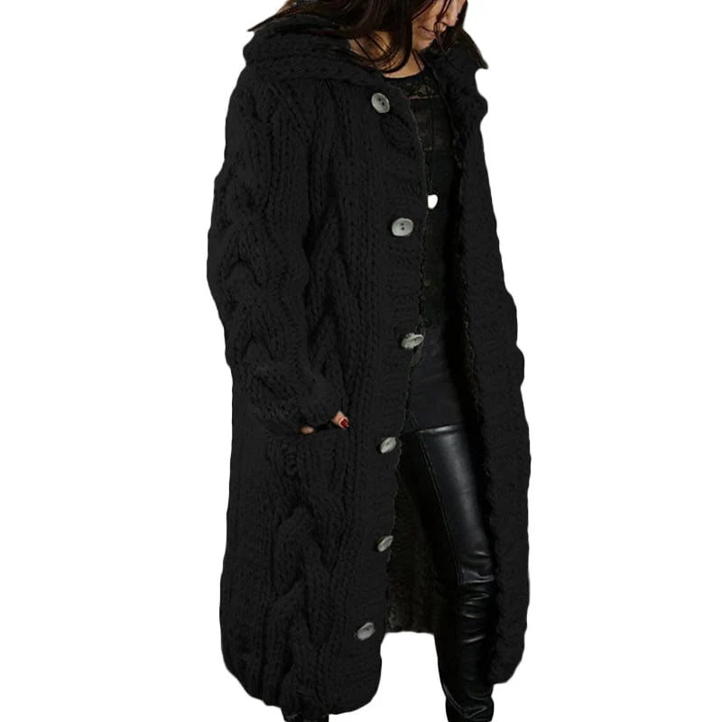 Women's Long Cable Cardigan – Hooded Chunky Knit with Pockets