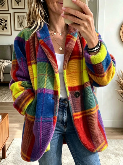 Women's Check Coat – Soft Fleece Texture with Pockets