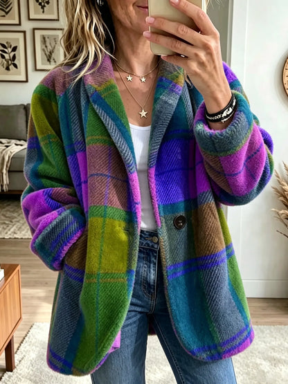 Women's Check Coat – Soft Fleece Texture with Pockets