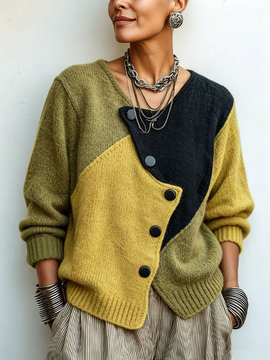 Women's Colour-Block Jumper – Asymmetric Buttons Loose Knit