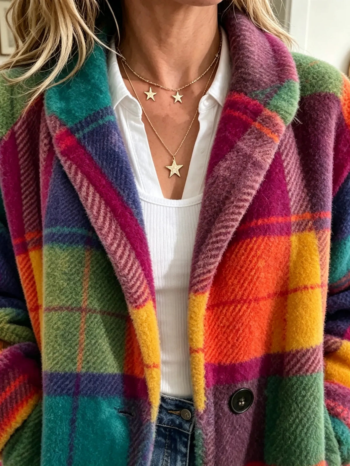 Women's Check Coat – Soft Fleece Texture with Pockets