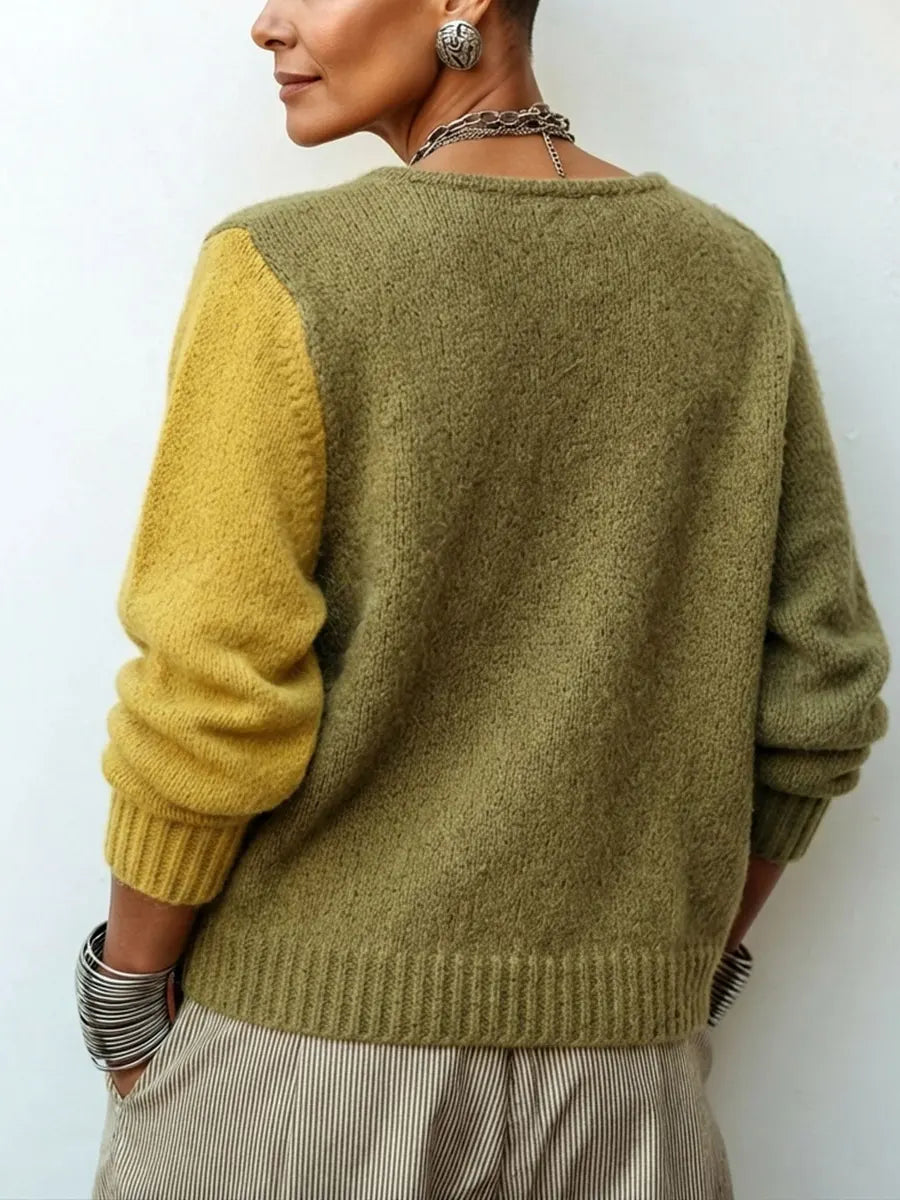 Women's Colour-Block Jumper – Asymmetric Buttons Loose Knit