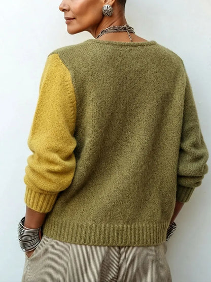 Women's Colour-Block Jumper – Asymmetric Buttons Loose Knit