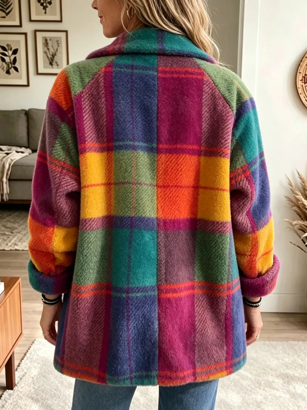 Women's Check Coat – Soft Fleece Texture with Pockets