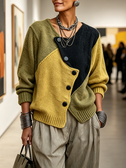 Women's Colour-Block Jumper – Asymmetric Buttons Loose Knit