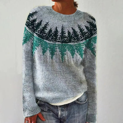 Women's Oversized Jacquard Sweater in Blue Trees