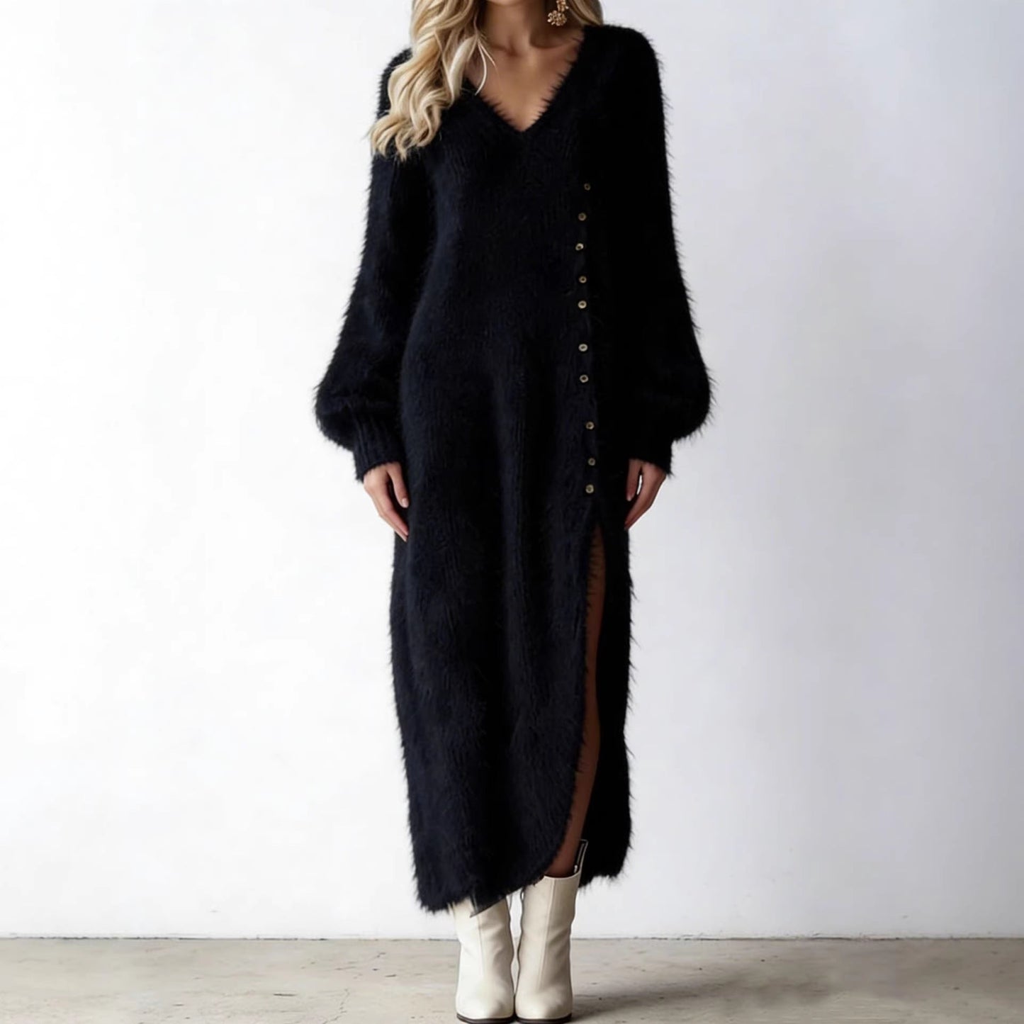 Women's Fuzzy Knit Button Front Balloon Sleeve Midi Dress