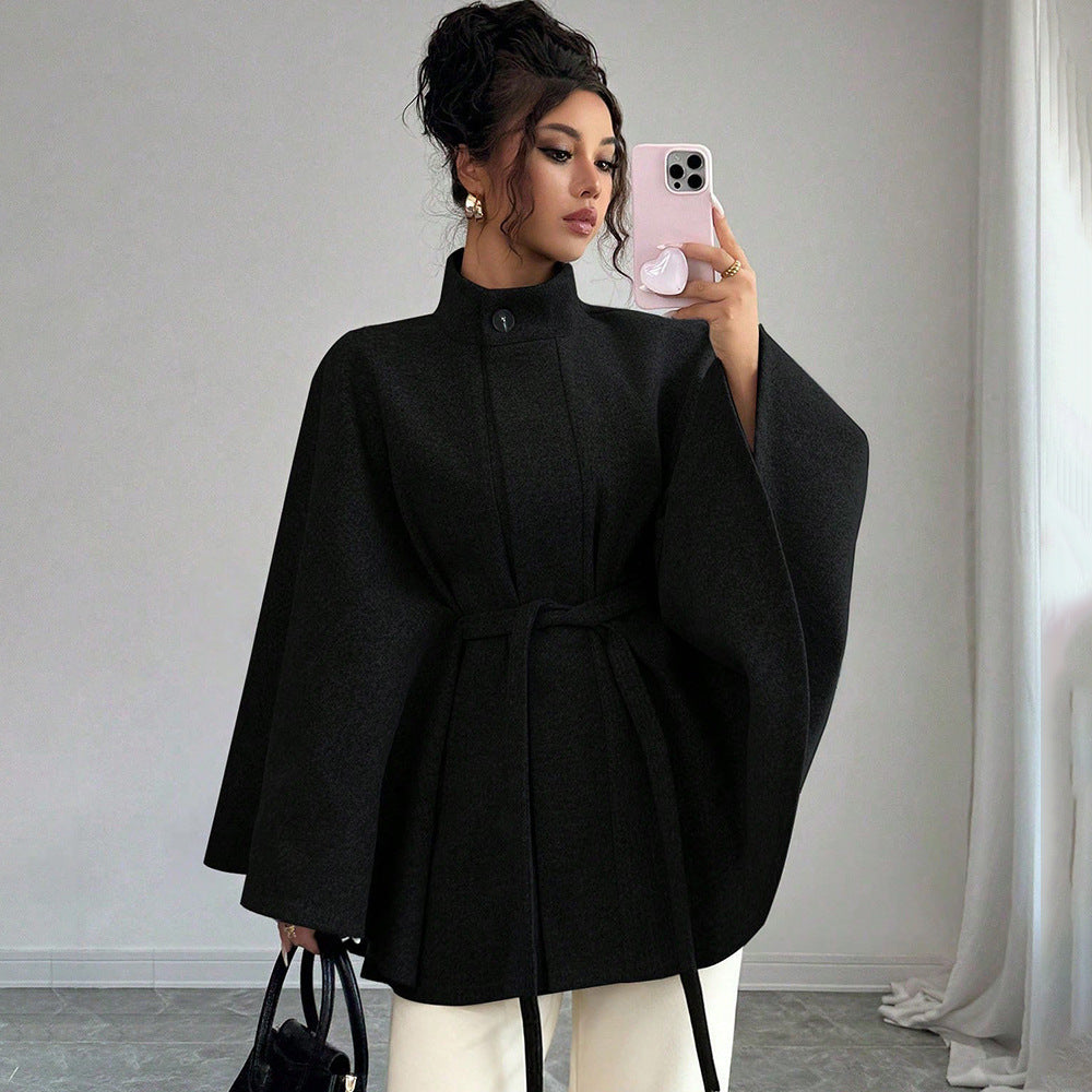 Women's Cape Sleeve Slim Fit Stand Collar Wool Coat
