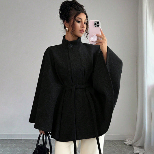 Women's Cape Sleeve Slim Fit Stand Collar Wool Coat