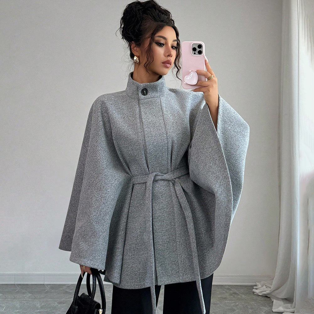 Women's Cape Sleeve Slim Fit Stand Collar Wool Coat