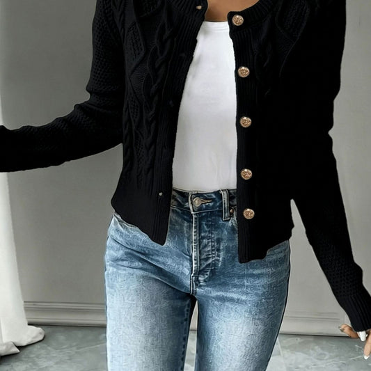 Women's Cropped Cable Knit Cardigan in Black